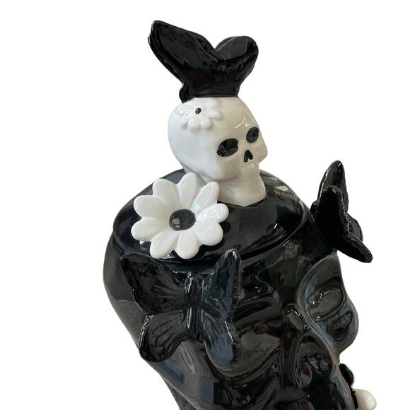 Halloween Skull Cookie Jar Canister w/ Lid Hand Painted Black White Spooky NEW - Picture 7 of 16